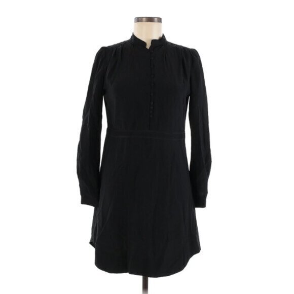 AYR Black Silk Shirt Dress XS Henley Long Sleeve Mini Career Casual Flawed - Picture 1 of 7